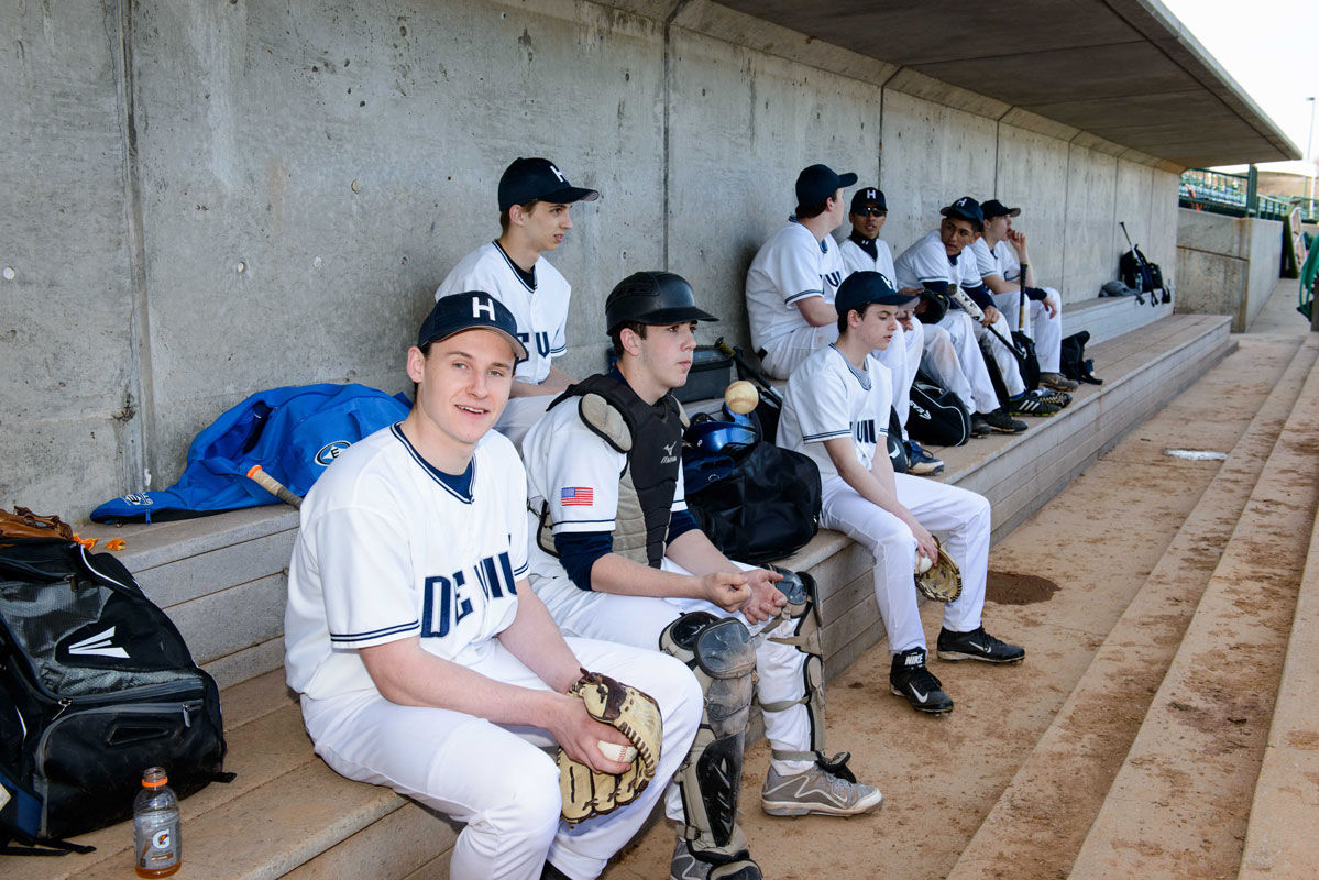 Andrew Napurano in the Bethpage Ballpark dugout with the Blue Devil baseball team. (Darin Reed photo.)