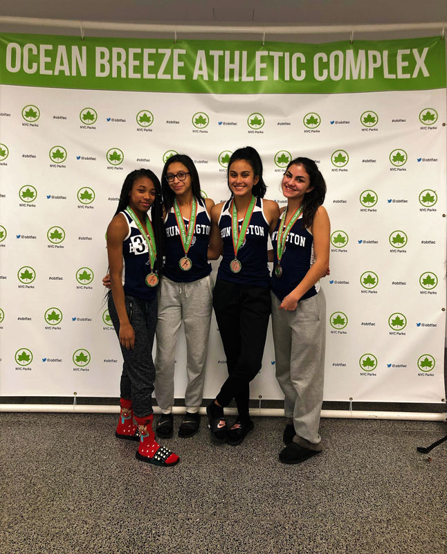The Huntington girls' indoor track team's 4x200m relay team consisting of Alicia Brooks, Analisse Batista, Olivia Conte, and Brianna Halbeisen.