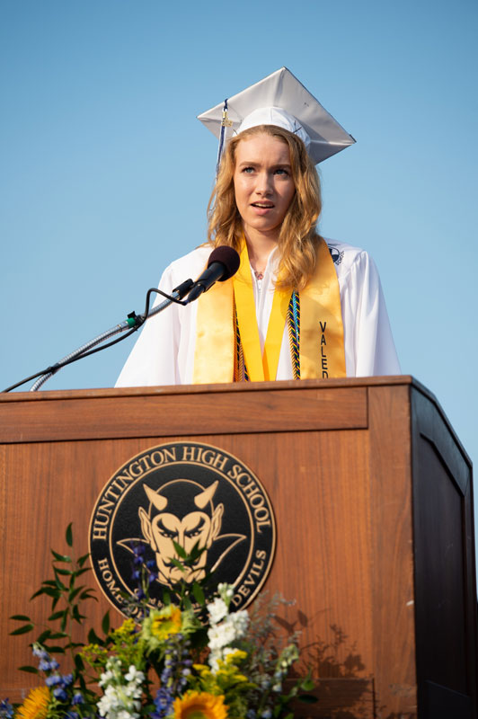 Huntington Class of 2019 valedictorian Hadley Clayton addressed the huge commencement crowd. (Darin Reed photo.)