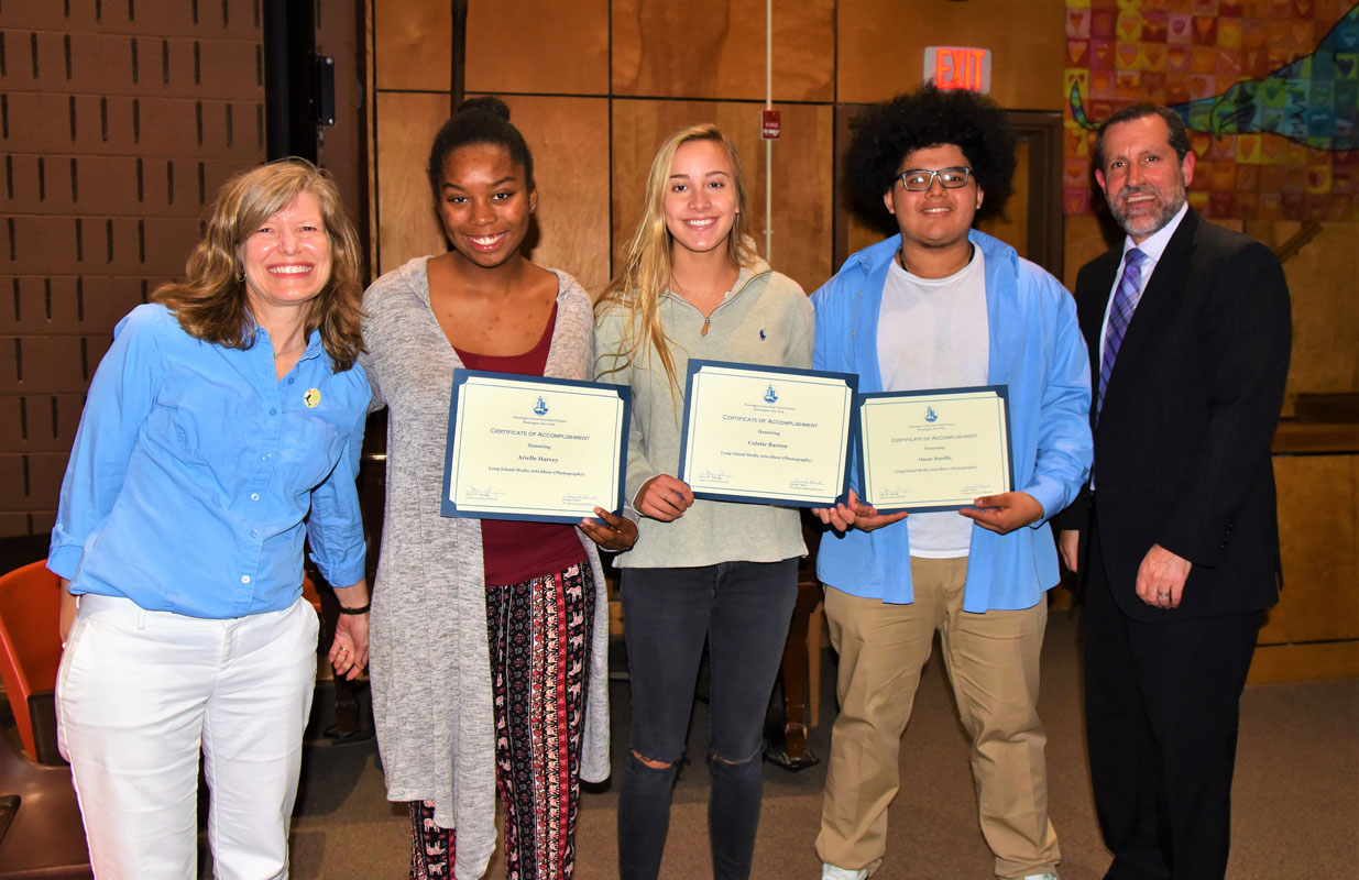 LI Media Arts Show award winners Arielle Harvey, Colette Barron and Oscar Bonilla with Jennifer Hebert and Jim Polansky 