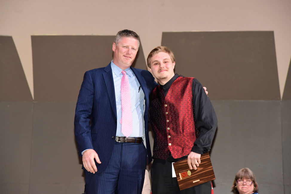 Principal's Award recipient Nick Bozsnyak with Principal Brenden Cusask at senior academic awards night 
