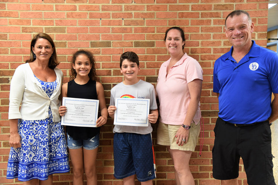 STEM School Principal Donna Moro with Suffolk Zone Award winners Cameron Smith and Jack Kamenstein and teachers Lee Schaffer and John Walsh  