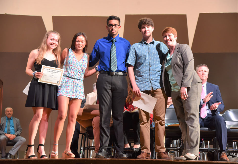 Science Honor Society Award winners Erika Varady, Haley Mortell, Arashdeep Singh and Sam Roberts with Director Jill Johanson.