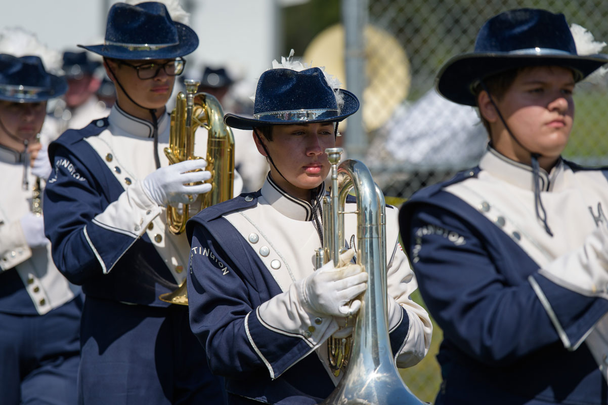 Christopher Engle (center) with the Blue Devil marching band last fall. (Darin Reed photo.)