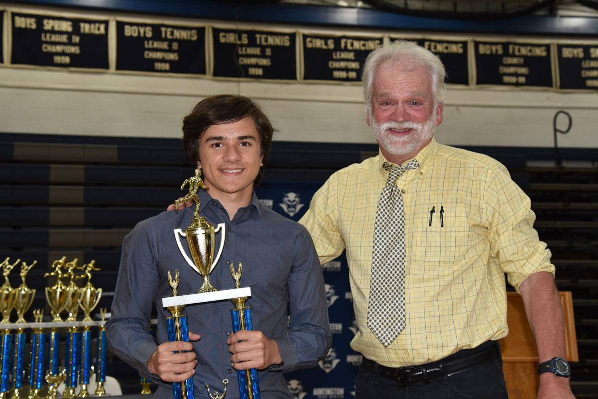 Eddie Maleszewski with Blue Devil cross country coach Robert Nill at the Blue Devil senior athletic awards dinner.