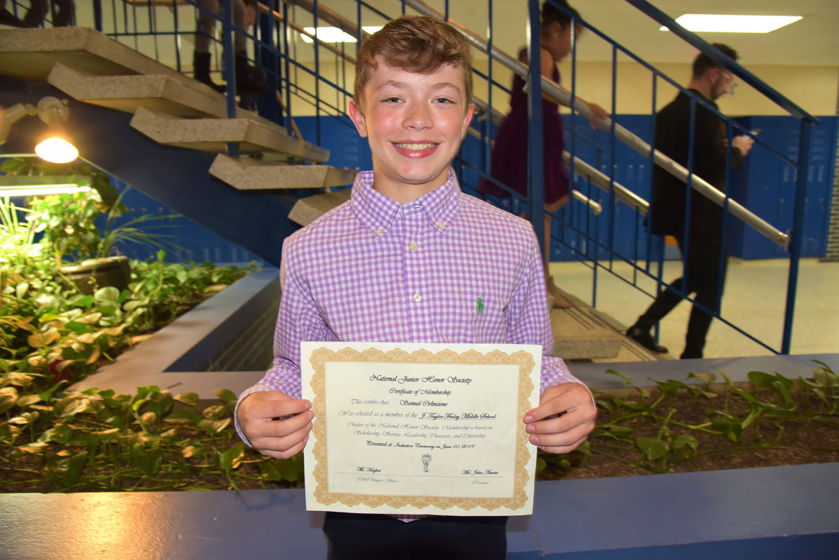 Finley seventh grader Samuel Cirlincione was among the new honor society inductees.
