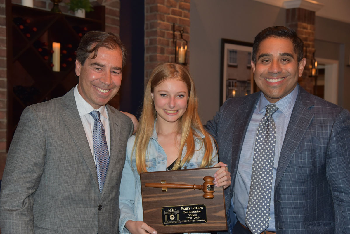 Most Outstanding Respondent's Witness Award recipient Emily Geller with John LoTurco and Xavier Palacios 