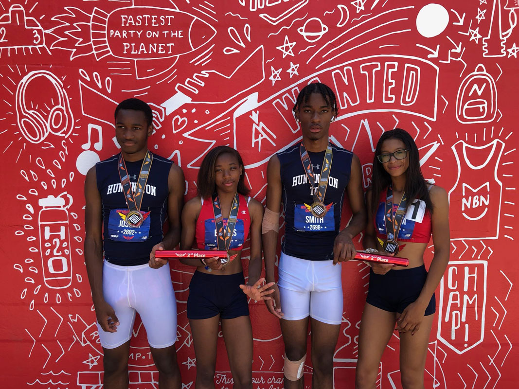 Huntington's 4x400m mixed relay All-Americans Anthony Joseph, Alicia Brooks, Johnathan Smith and Analisse Batista.