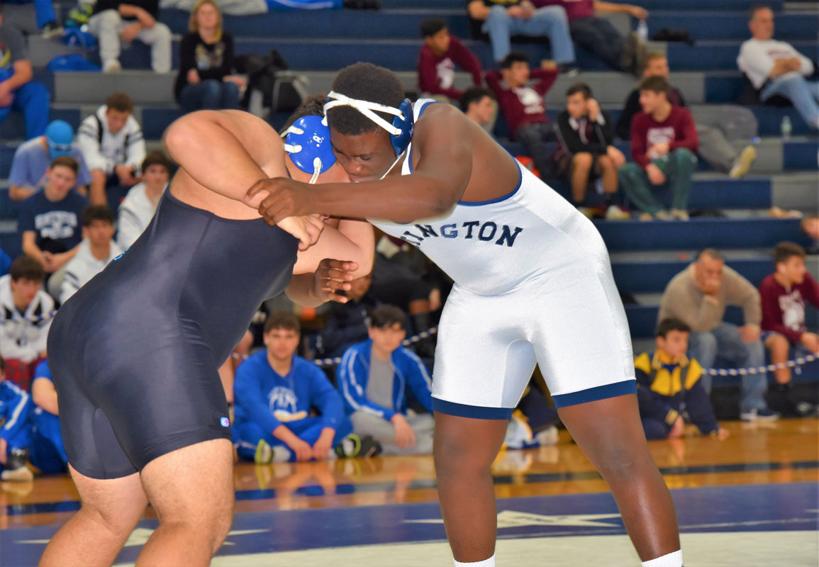 Blue Devil All-County wrestler Tazadon Smith (right) sets up his opponent.