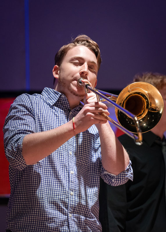Dominick Stanley playing trombone at K-Factor with the G-Tones. (Darin Reed photo.)