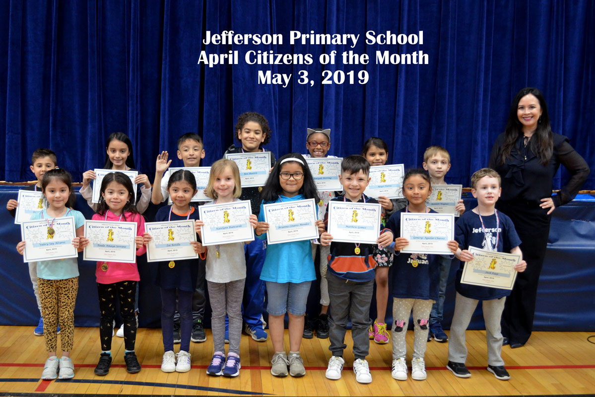 Jefferson Primary School Principal Valerie Capitulo-Saide with April's Citizens of the Month.