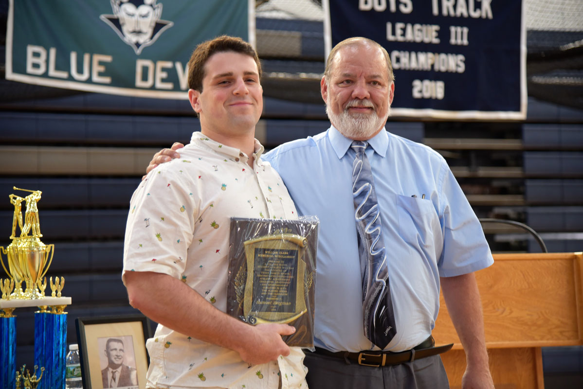 2018 William Class Memorial Scholarship Award recipient Samuel Bergman with Michael Connell.