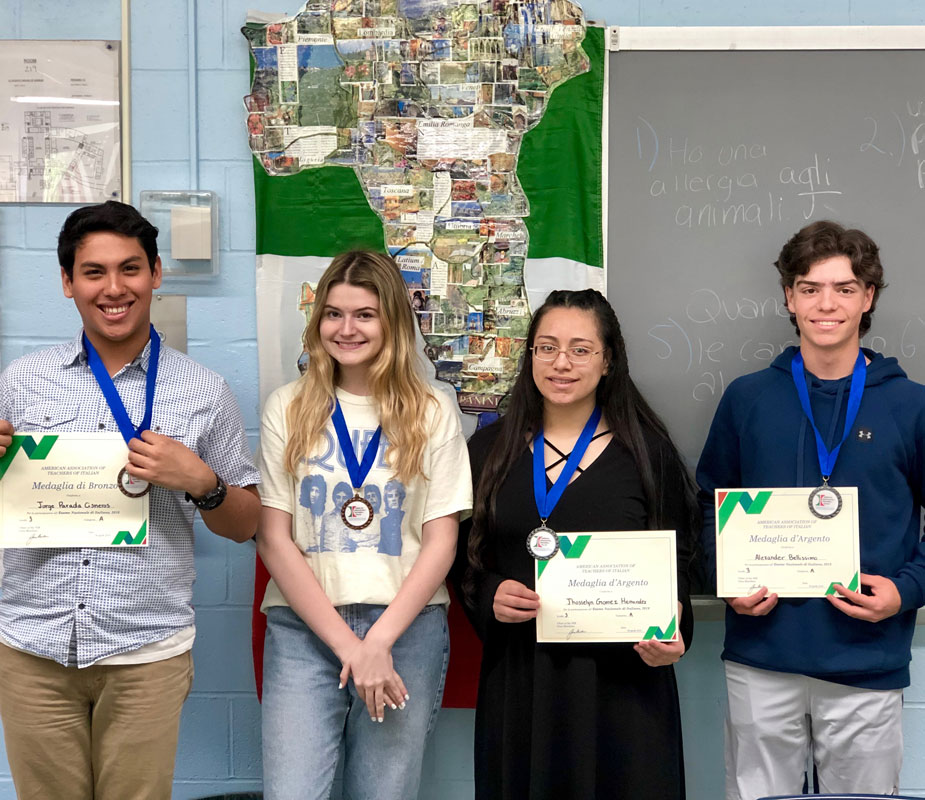 Huntington Italian honorees Jorge Parada Cisneros, Gabrielle Trimboli, Jhosselyn Gomez Hernandez and Alex Bellissimo.