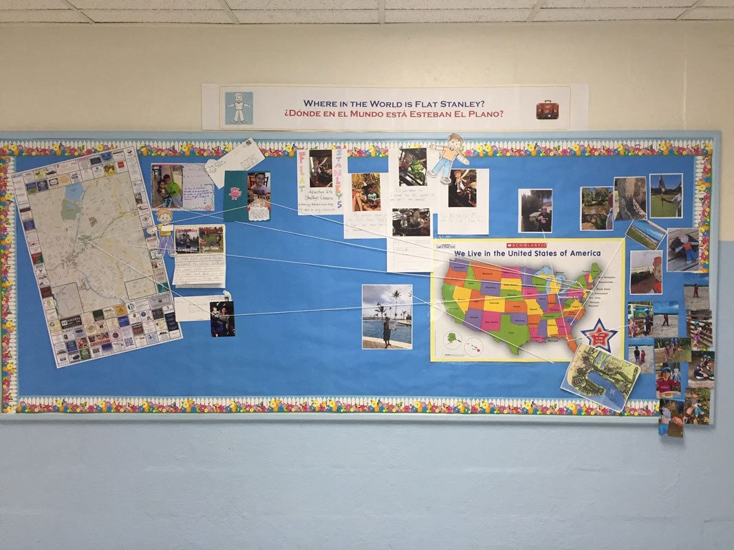 A bulletin board at Flower Hill School details the Flat Stanley initiative.