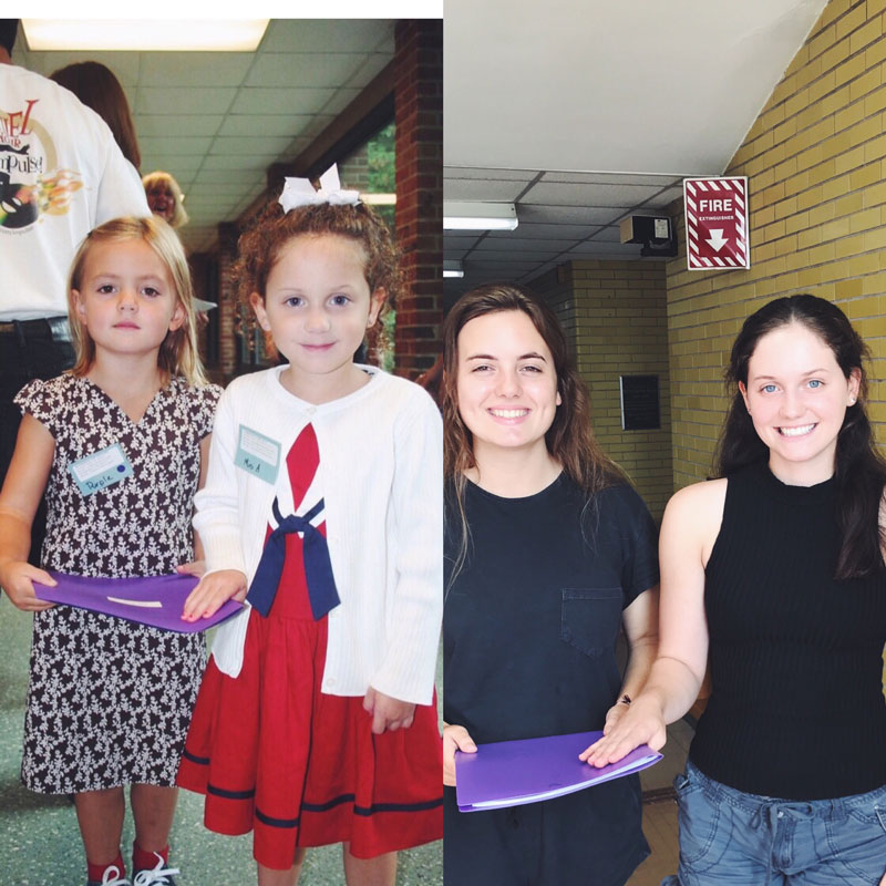Katherine DeGennaro and best friend Christiana DeLuca on their first day of kindergarten (left) and as high school students (right).