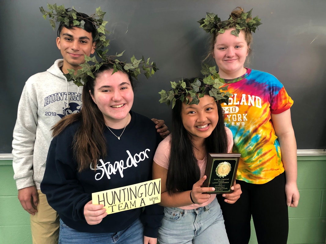 Huntington freshmen Erik Flores, Ally Kustera, Erin Ye and Lauren Holly placed second in the LI Certamen competition at Stony Brook.