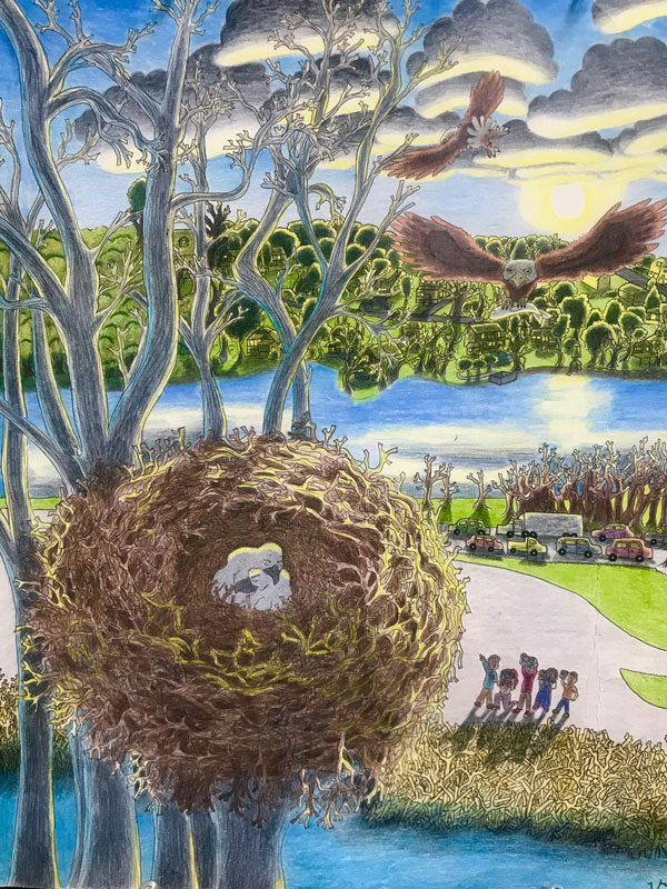 Vivienne LaVertu award winning colored pencil piece titled Rediscovered is on exhibit.
