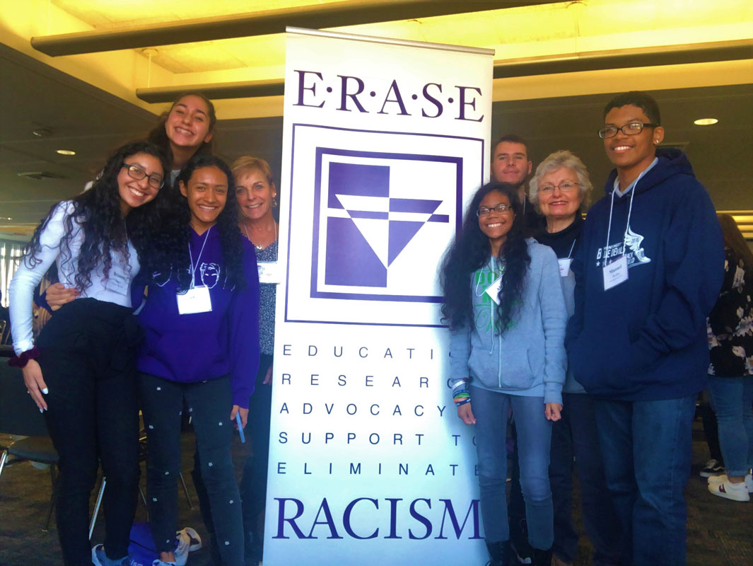 Huntington AWOD members and faculty advisors at the ERASE Racism leadership conference at St. Joseph's College.