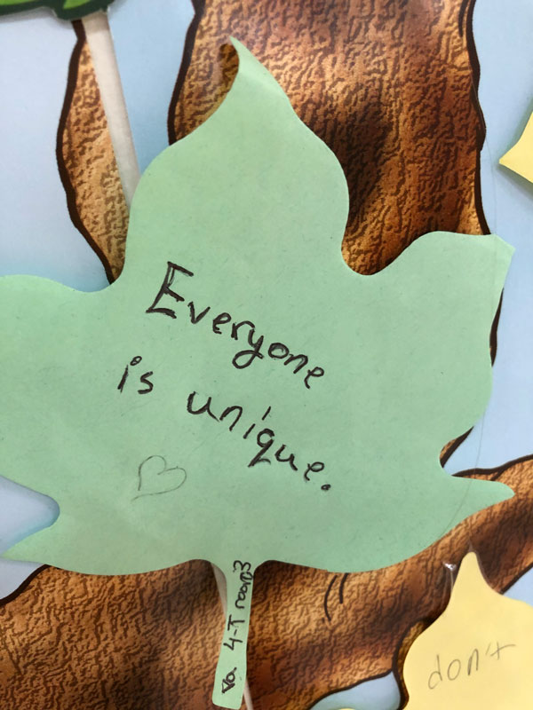 Woodhull students are writing encouraging words and phrases on leaves and posting them on a hallway tree.
