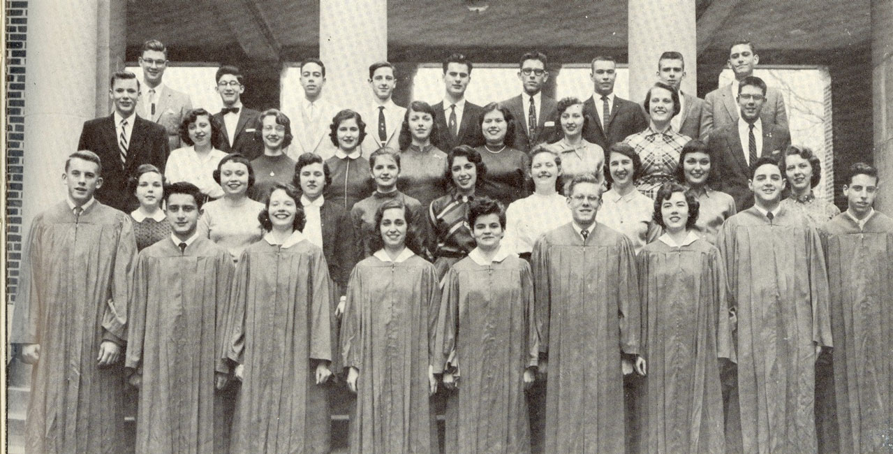 New inductees and continuing members of Huntington's 1958 National Honor Society chapter.