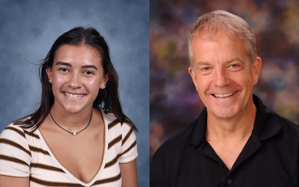 Huntington senior Bella Thompson (left) and Huntington High School Dean of Student Support Robert Gilmor III.