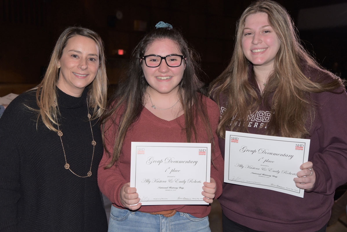 Group Documentary Award recipients Ally Kustera and Emily Roberts with teacher Lauren Desiderio 
