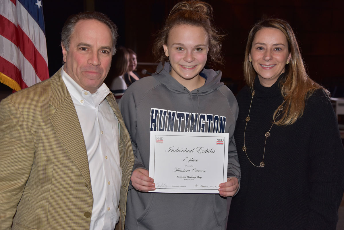 Teddi Carnesi (with Humanities Chair Joe Leavy and teacher Lauren Desiderio) will vie in the individual exhibit category.
