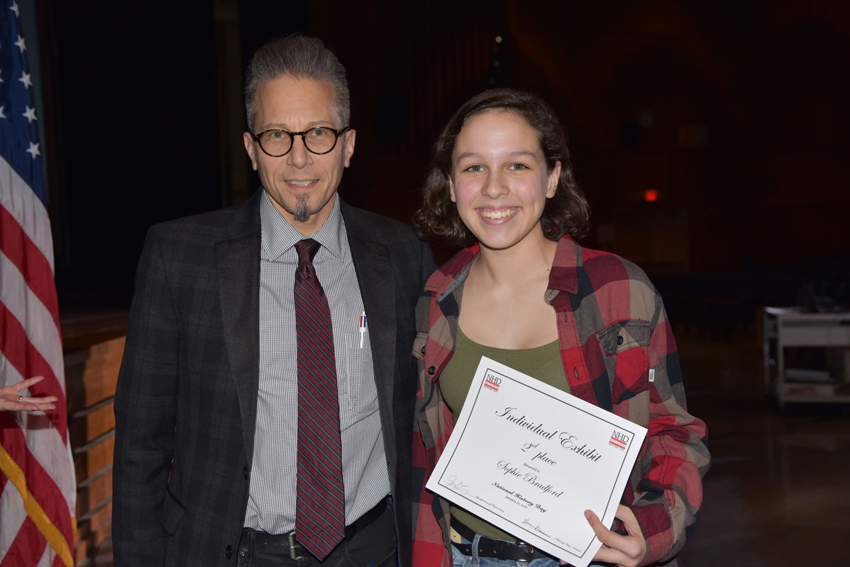Sophie Bradford with teacher Peter Crugnale at the National History Day awards ceremony 