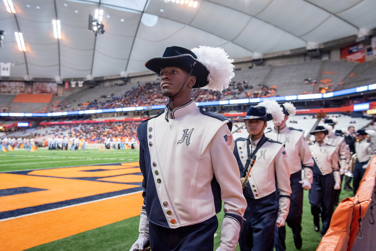 Neil Jean-Baptiste marches into the Syracuse Carrier Dome for the state championships. (Darin Reed photo.)
