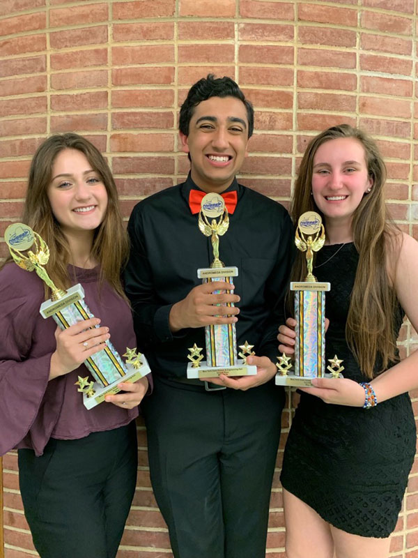 Ava Waxenberg, Zubair Ali and Peyton Kalb with state science contest runner-up trophies following the award ceremony.