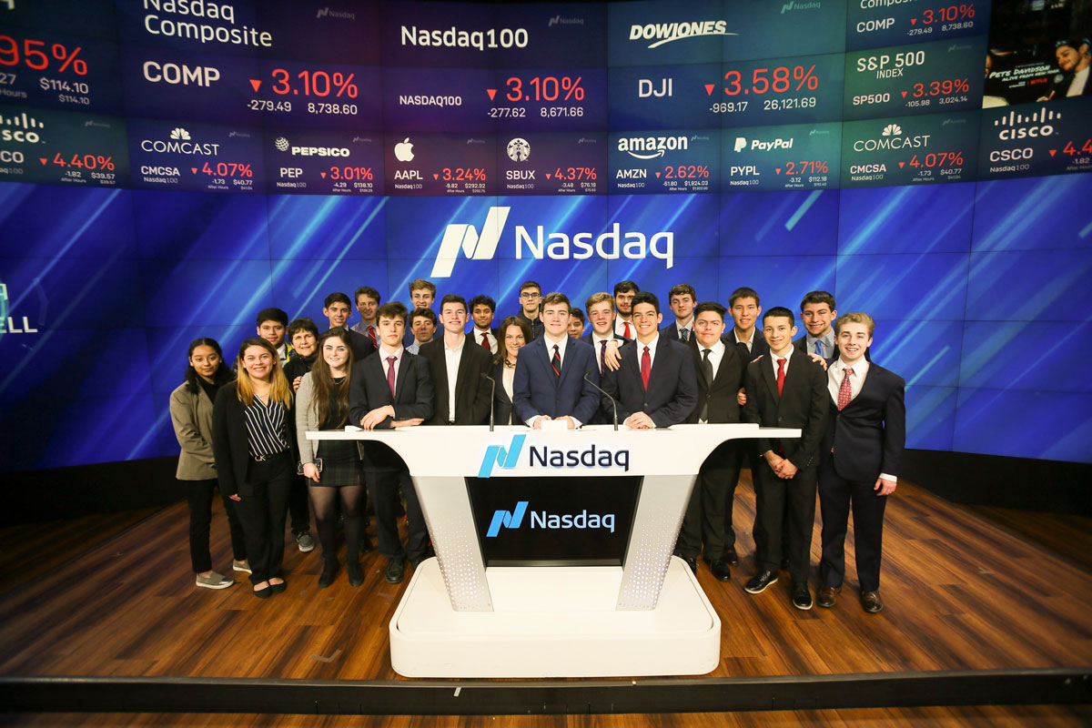 Charles O'Rourke (center) with classmates at the Nasdaq stock exchange in Manhattan.