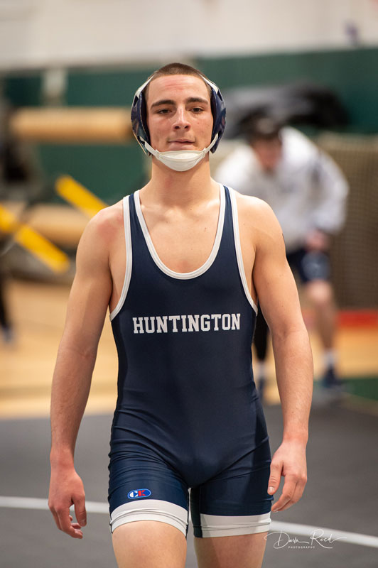 Aedan McDonald on the wrestling mat for Huntington. (Darin Reed photo.)