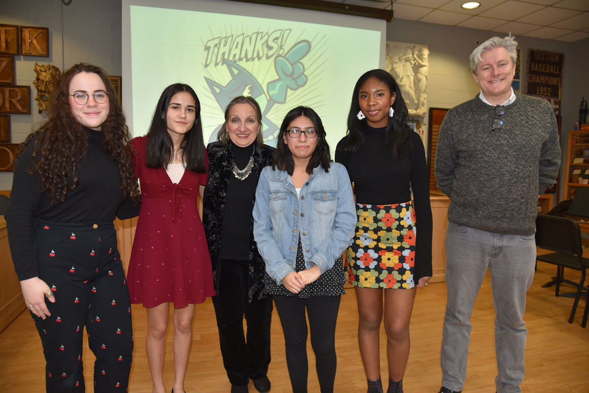 The Art Honor Society's executive board with faculty advisor Kim Valerio and induction guest speaker Patrick Giles.