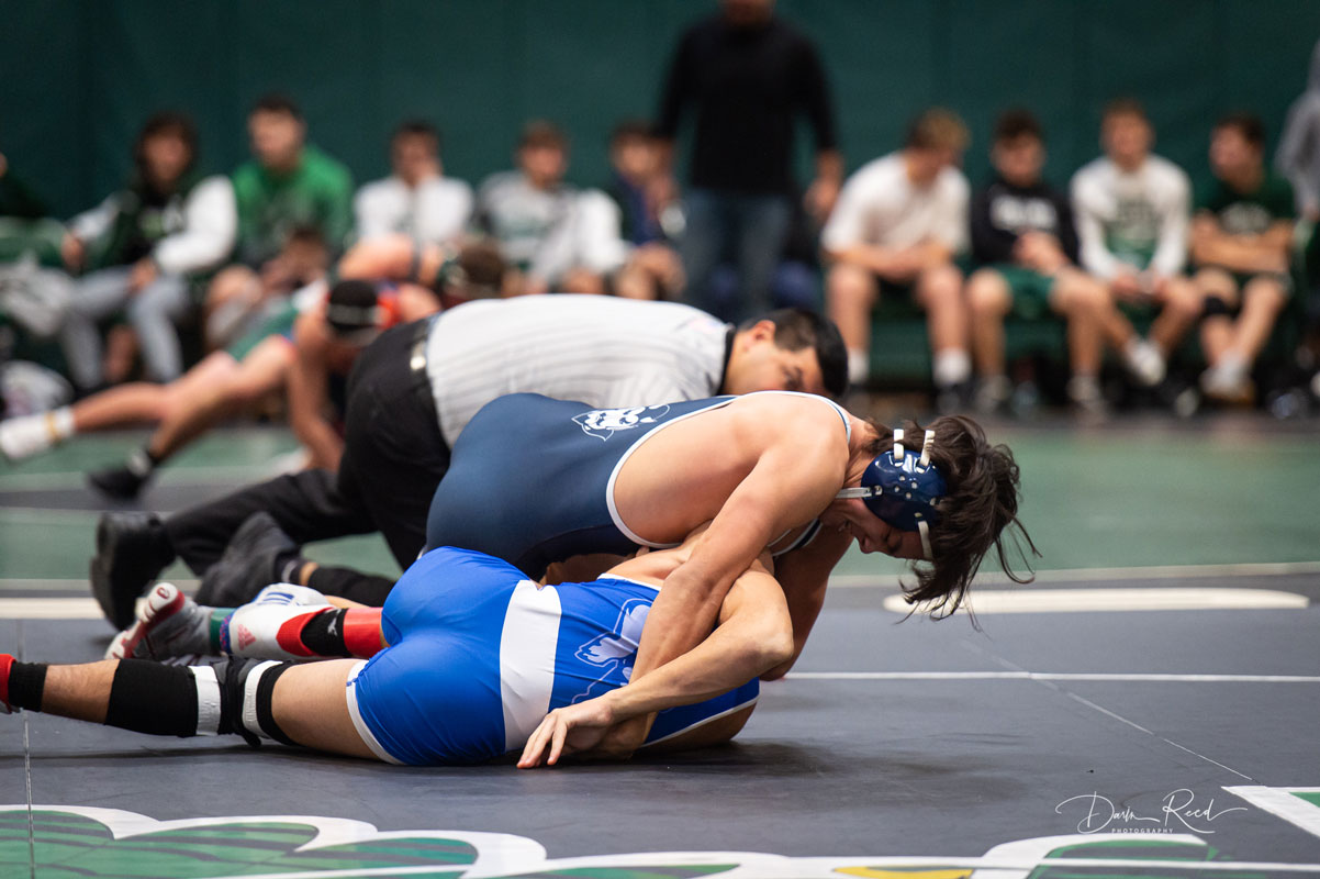 Junior Joe Nicotra (top) has been one of Huntington's best wrestlers this winter. (Darin Reed photo.)