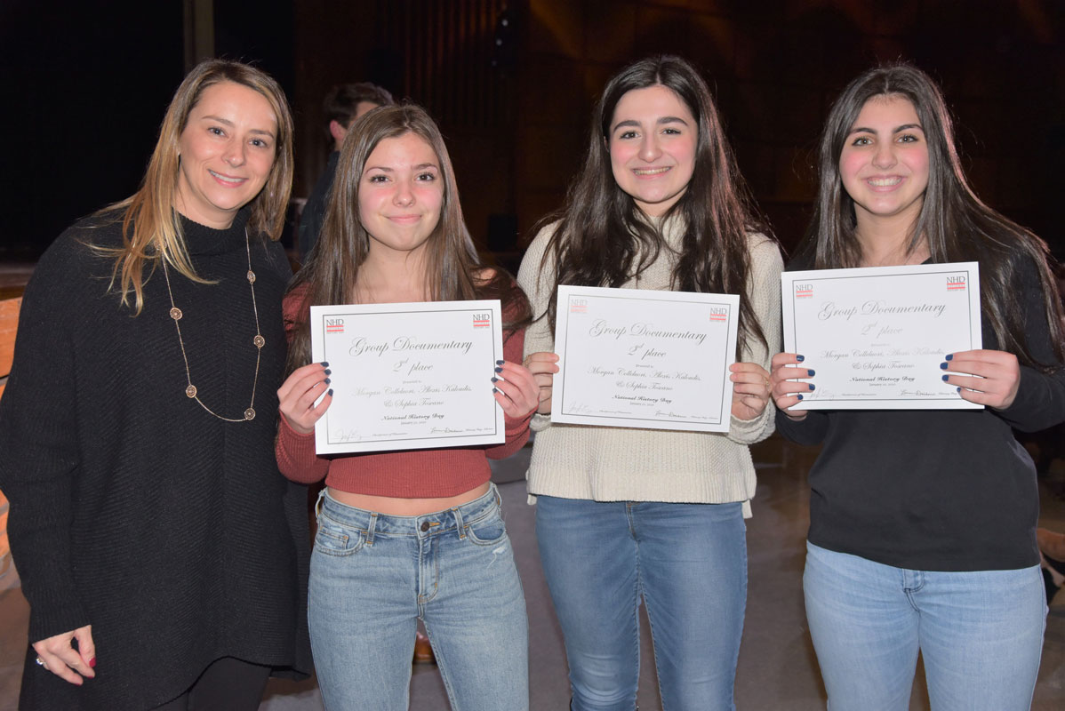 Group Documentary category runners-up Morgan Colleluori, Alexis Kaloudis and Sophia Toscano with teacher Lauren Desiderio