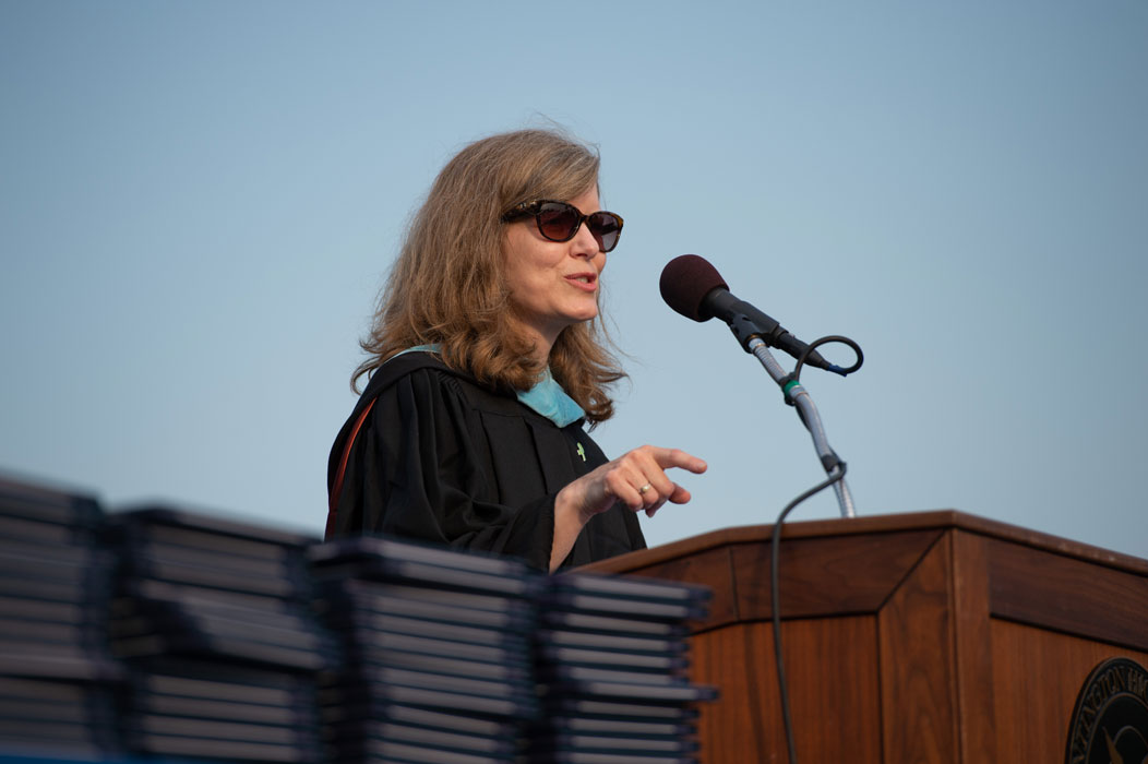 School Board President Jennifer Hebert addresses the crowd at the 2019 commencement. (Darin Reed photo.)