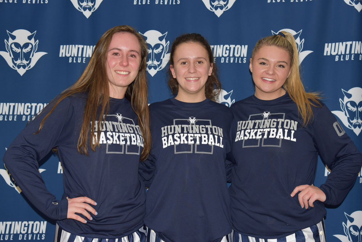 Paige Lennon, Alyssa Sorensen and Christie Baade on Huntington girls' basketball 2019 Senior Day.