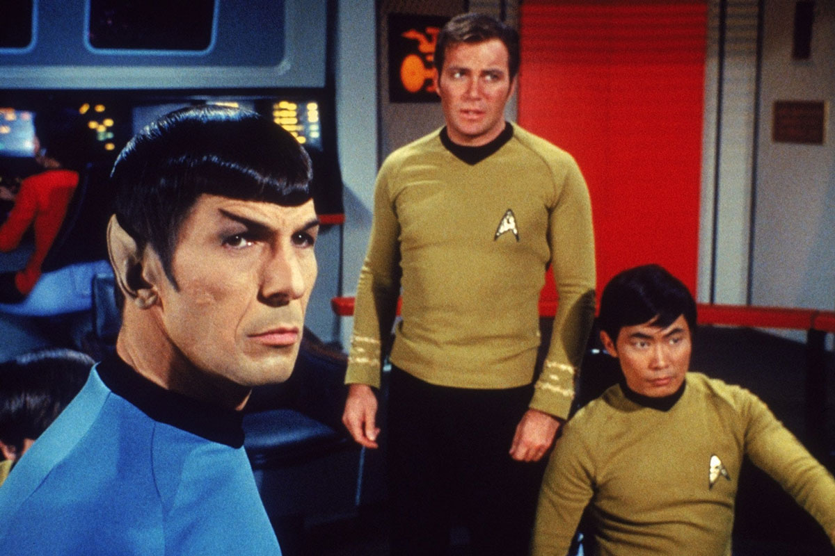 A scene on the bridge from the original Star Trek series.