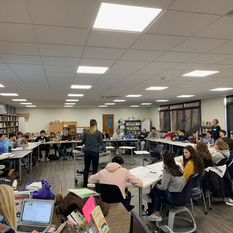 Huntington High School AP Environmental Science students gathered in the library for the presentation.
