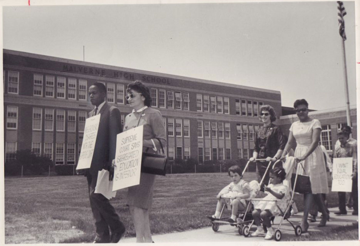 Parents advocating for integration picket outside of Malverne Junior High School. (Newsday photo)