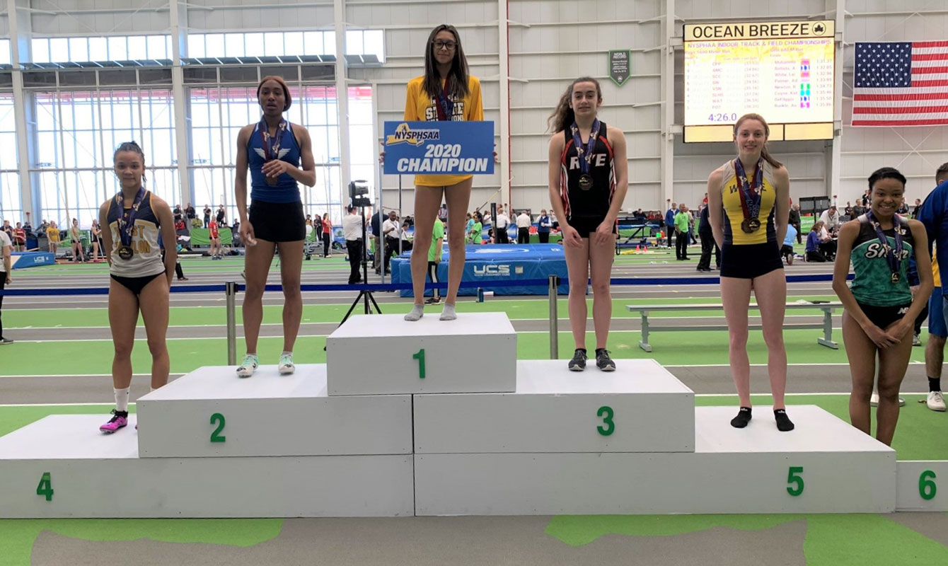 New York State 600m run champion Analisse Batista of Huntington High School.