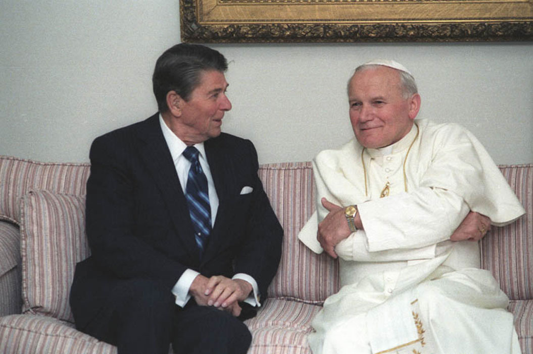 Pope John Paul II meeting with President Ronald Reagan in Alaska in 1984.