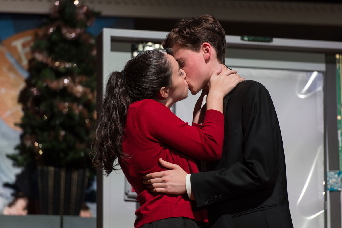 Abby Semelsberger and Keenan Lyons on stage  in The Desk Set. (Darin Reed photo