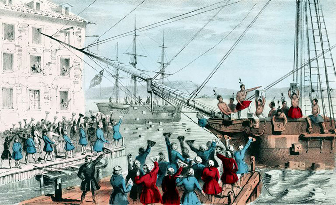 A scene from the Boston Tea Party on December 16, 1773.