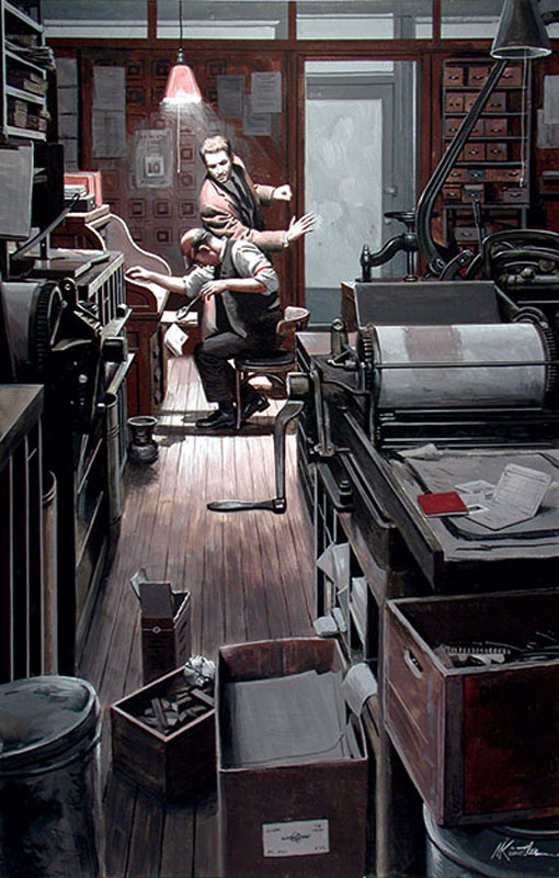 Mort Künstler's 1965 gouache on board titled Trouble-at-the-Printer inspired Vivienne LaVertu.