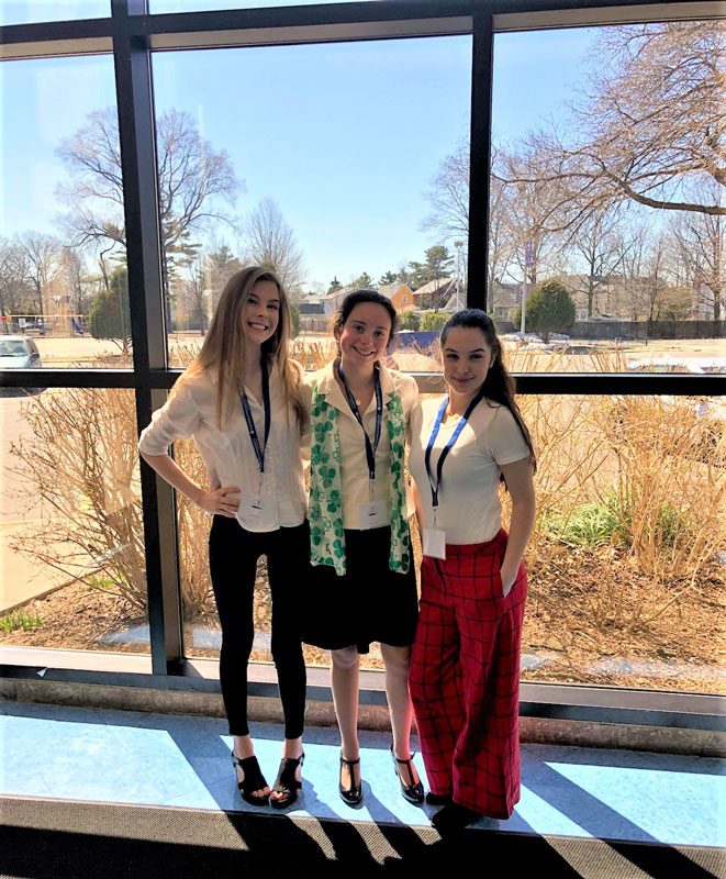 Maggie Lalor (center) with Bella Neira and Moira Contino at Hofstra for the National History Day LI finals.