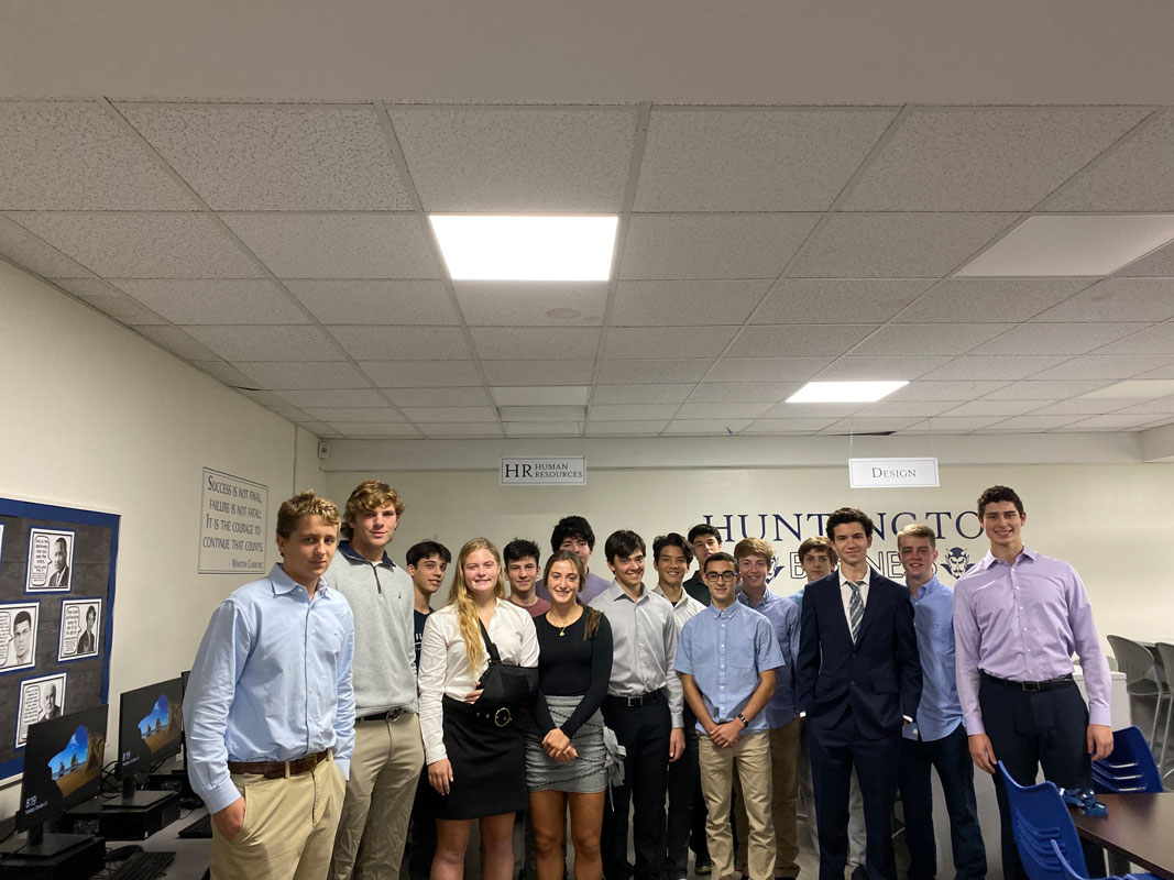 The Snooz3 company team in the high school Virtual Enterprise room.