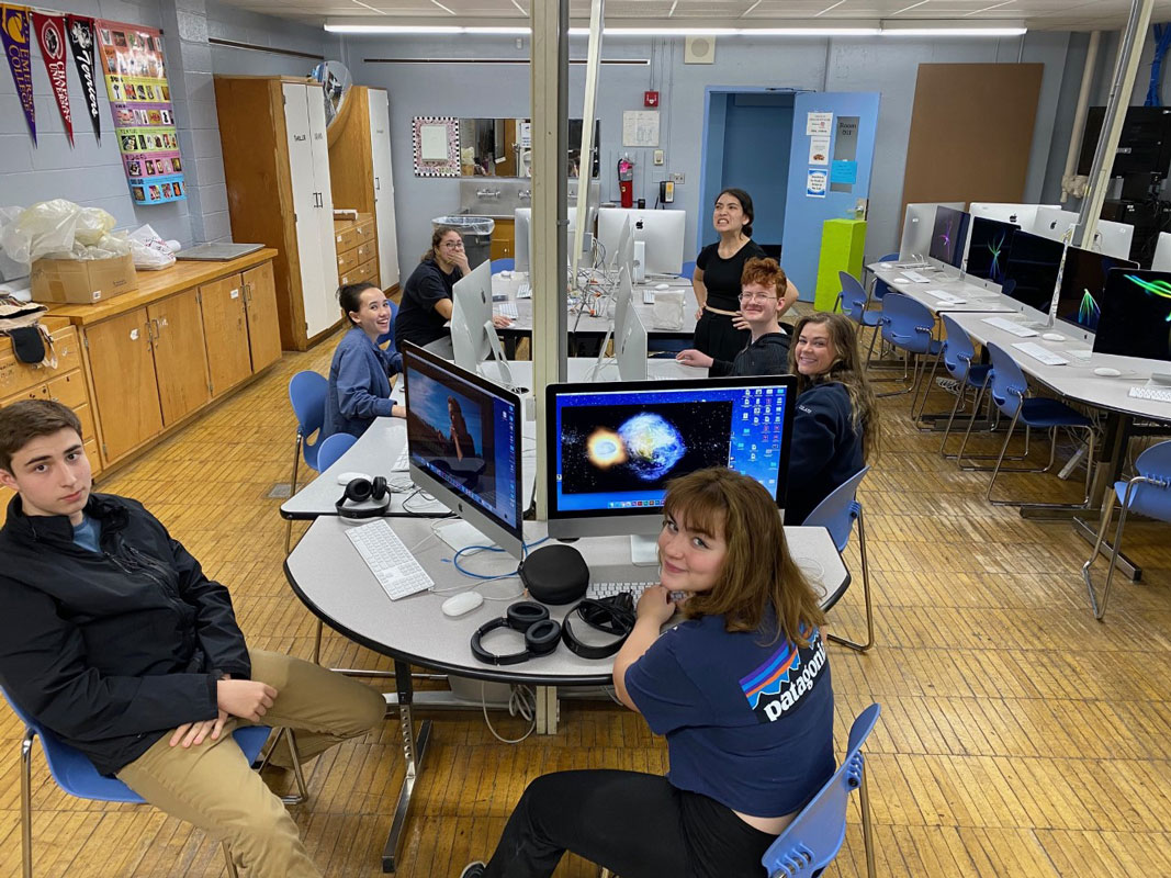 The filmmakers at work in the Huntington High School video arts room.
