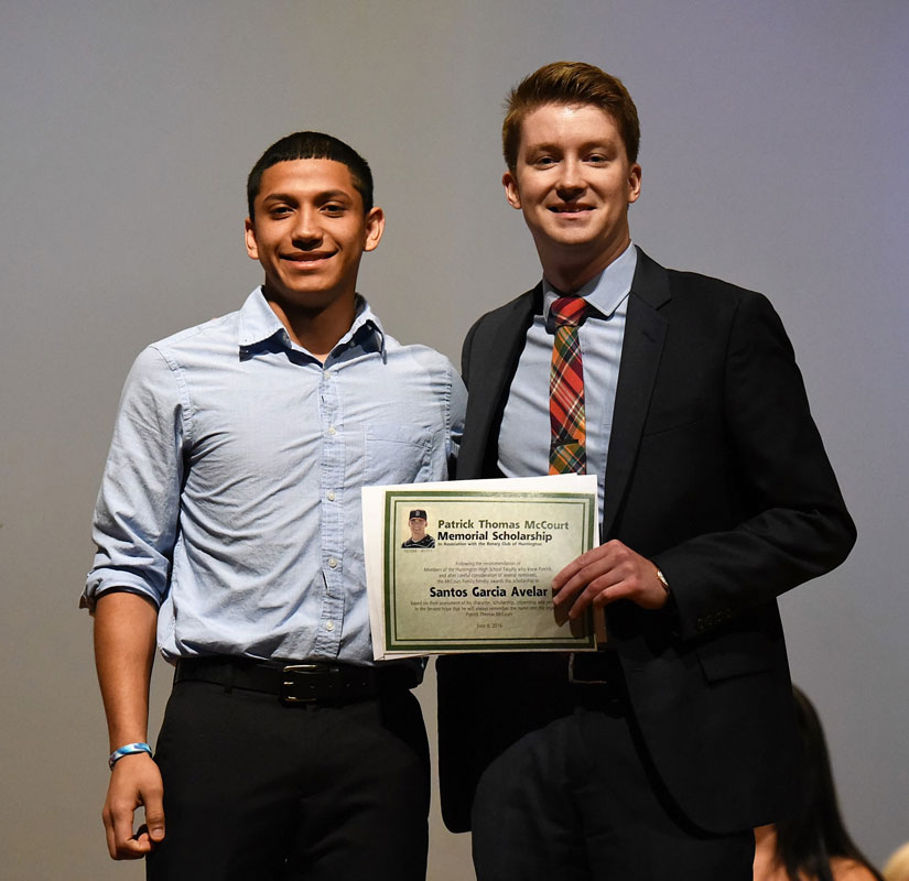 Patrick Thomas McCourt Memorial Scholarship recipient Santos Garcia Avelar with Michael McCourt in June 2016.
