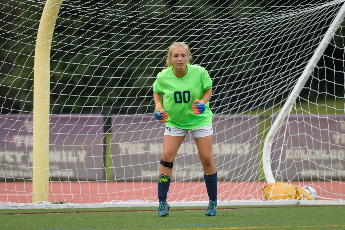Charlotte Maggio in the net for the Blue Devil soccer team. (Darin Reed photo.)